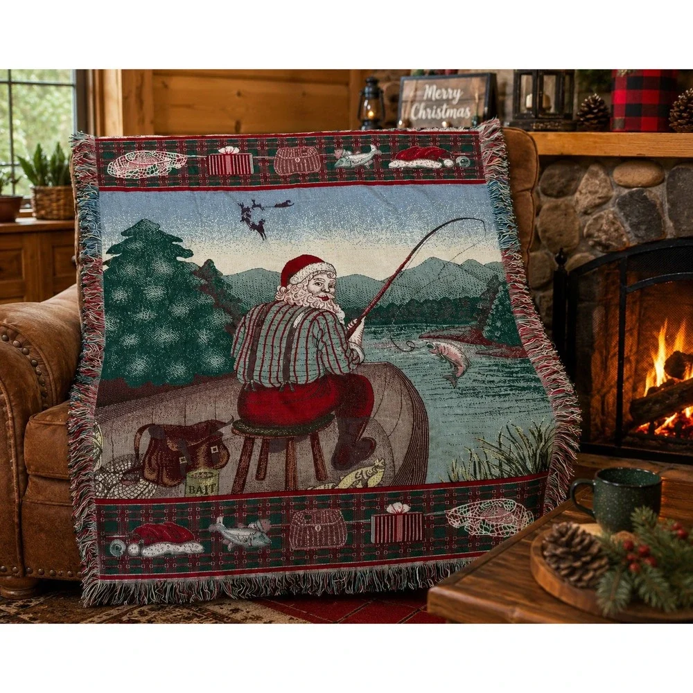 American Weavers Santa‎ Claus Fishing Tapestry Throw Blanket Christmas Cabin